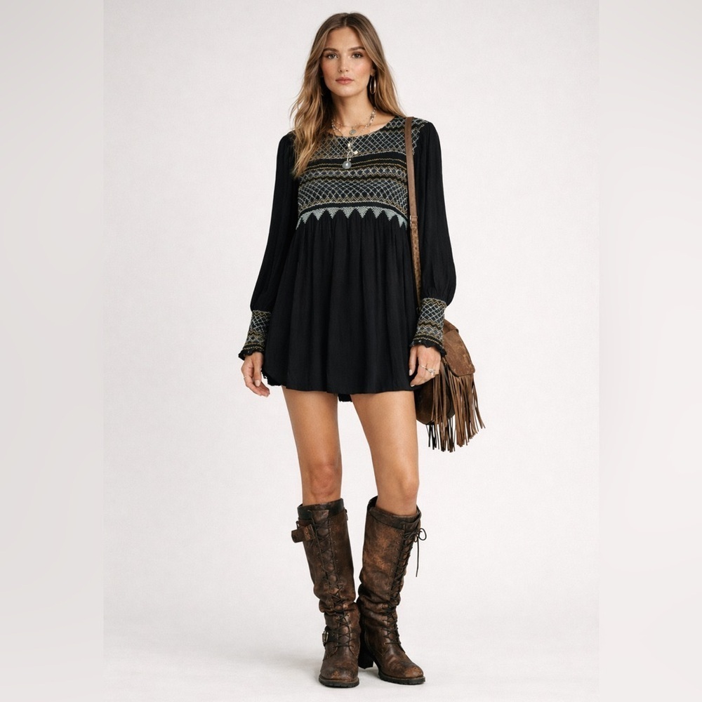 Free People black balloon sleeve mini dress w smocking blue & yellow stitching S